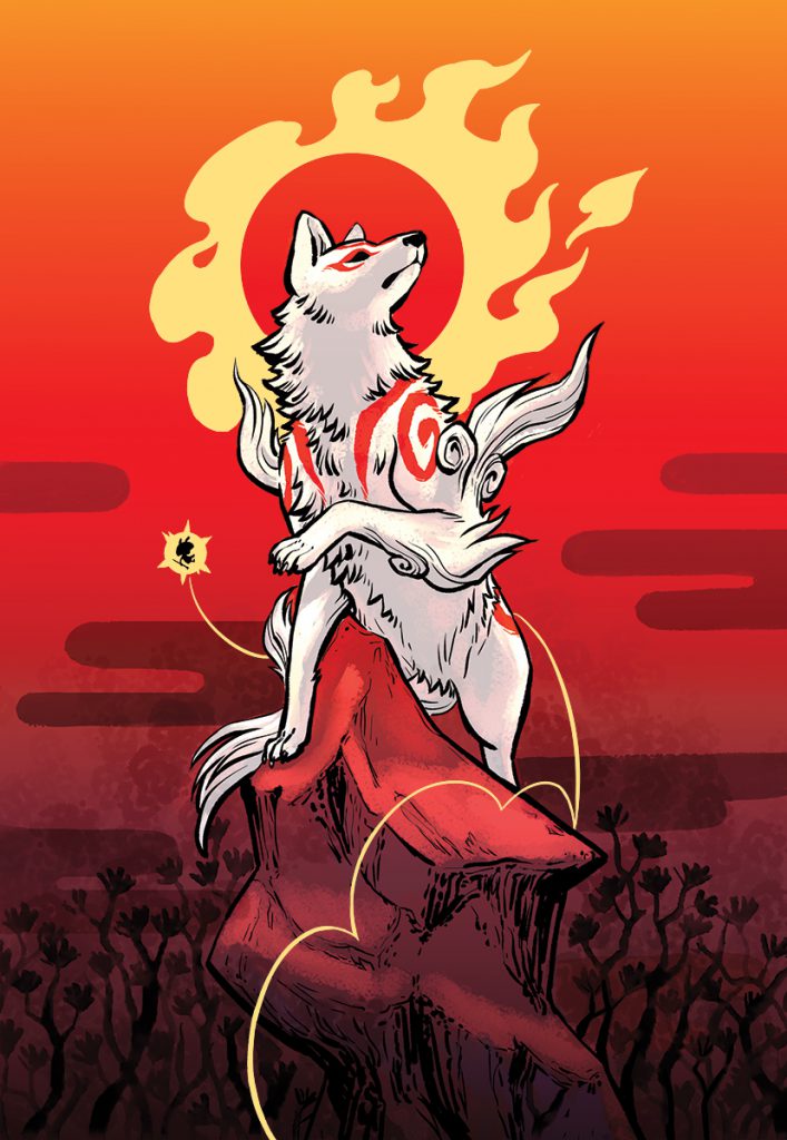 Ammy standing regally on a high peak, head towards the sky and flaming sun behind her. Issun is nearby.