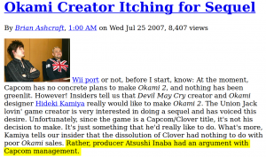 Article with title: "Okami Creator Itching for Sequel" - some text highlighted.