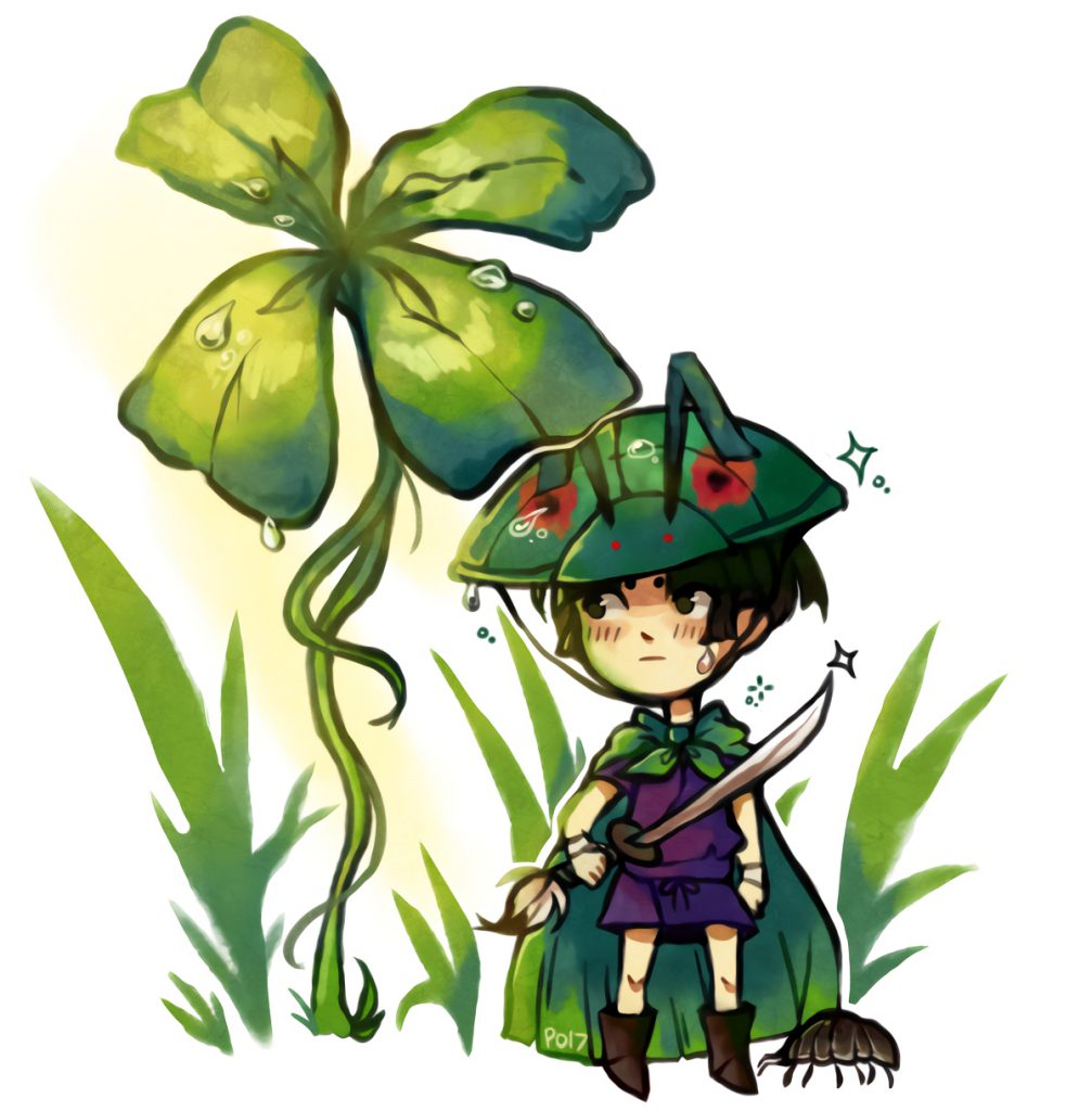 Issun, his sword drawn, is standing next to a 4-leaf clover, and he is looking towards something.