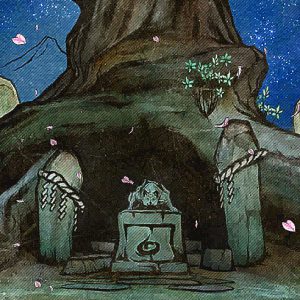 Official art showing Shiranui's statue, and the shrine dedicated to her.