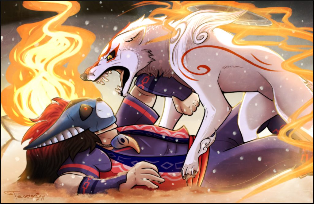 Very angry Ammy, pinning down human-form Oki, likely after he had attacked her.