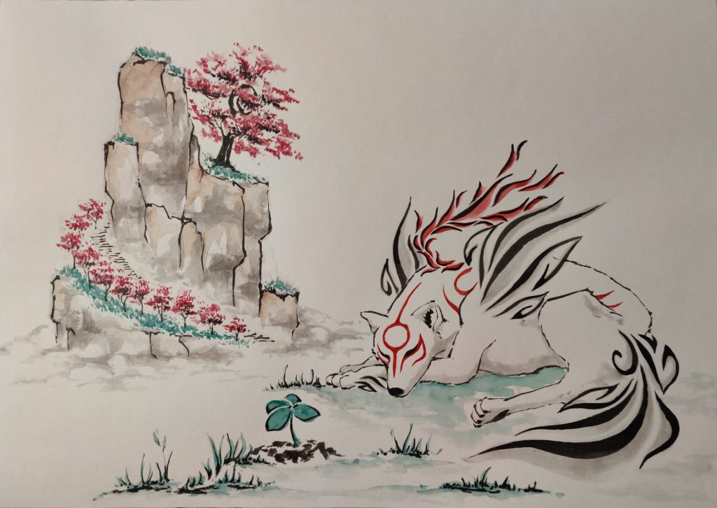 Drawing of Ammy resting, looking towards a 4-leaf clover, mountain and trees in background.