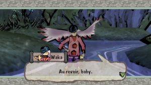 Okami game screenshot: Waka says "Au revoir, baby!"