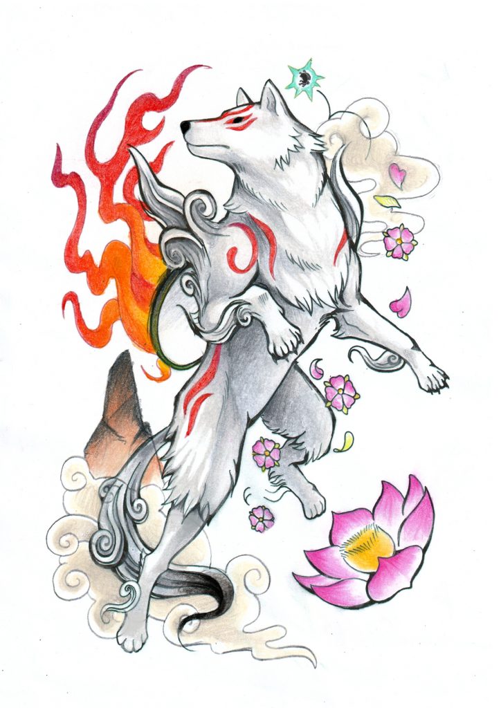 Ammy regally leaping high through the air, surrounded by flowers.