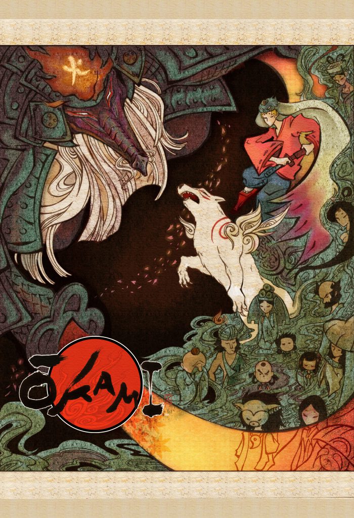 Stylised scene depicting Ammy leaping towards a monster, Waka behind her, and an apparition of many people that Ammy had met previously, with their heads down in prayer.