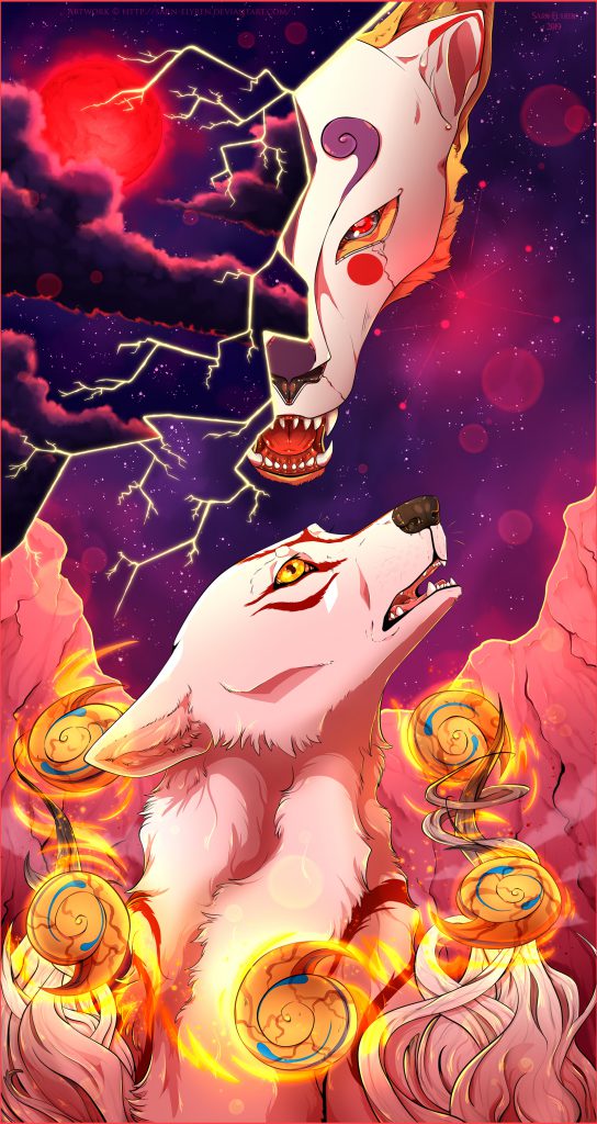 Digital painting of Ammy below, looking into the sky with a distraught expression, masked head of Ninetails in the ominous-looking night sky above.