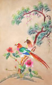 Japanese Bunka shishu embroidery showing birds in tree.