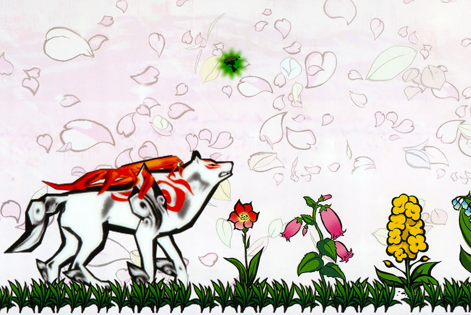 Okami official art: Ammy walking in field of flowers.