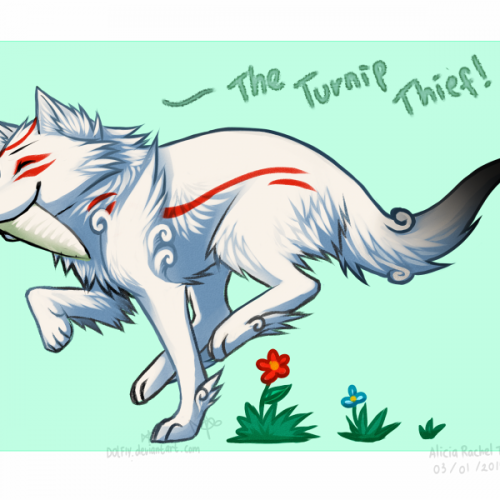 Ammy with a turnip in her mouth, running. Caption: "The Turnip Thief!"